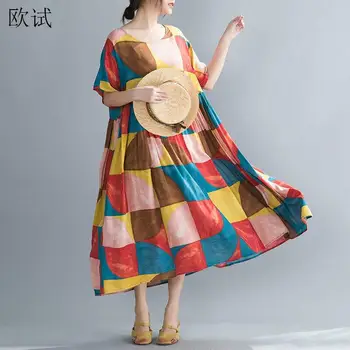 

Plus Size Dresses for Women 4xl 5xl 6xl Plaid Summer Beach Dress New Arrival 2020 Long Holiday Woman Cotton Linen Dress Robe