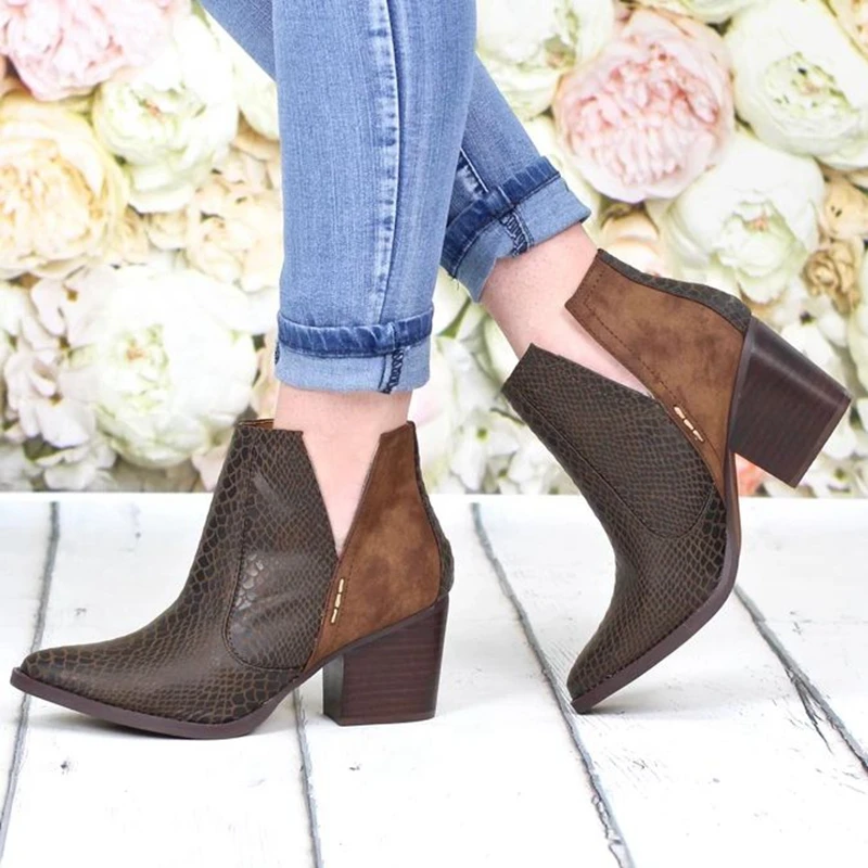 

New Print Pu Women Ankle Boots Pointed Toe Footwear Thick High Heels Female Boot Shoes Women Bootie Fashion Ladies Shoes