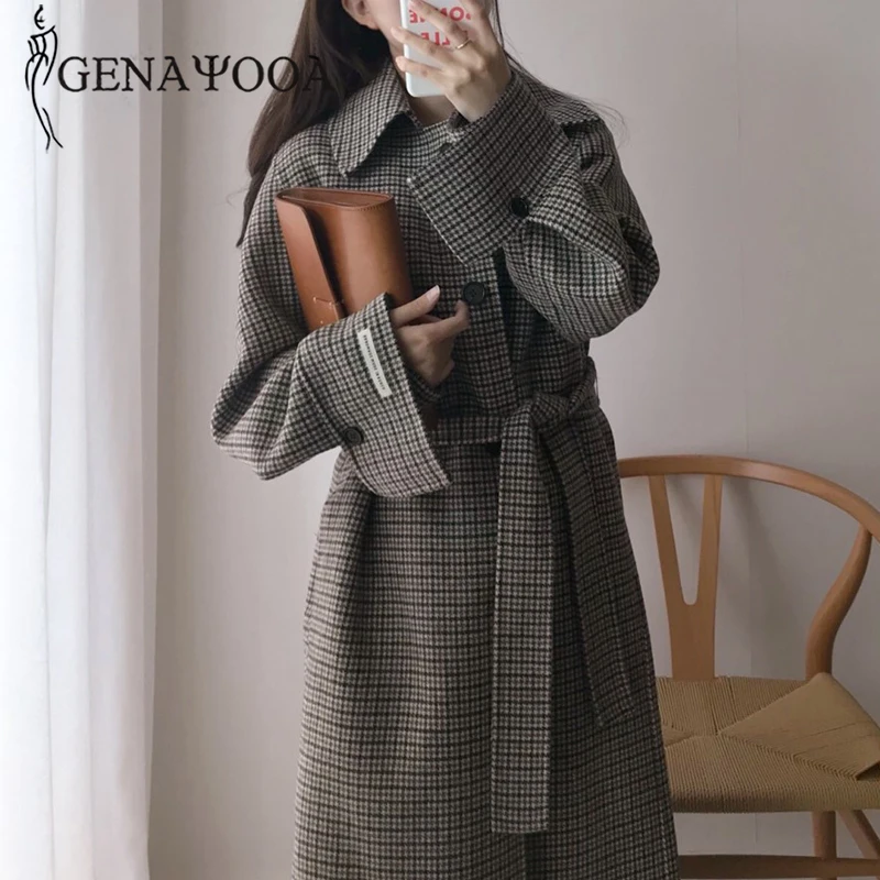 Genayoa, высокое качество, пальто и куртки, Женское зимнее пальто с длинным рукавом, Женское шерстяное плотное клетчатое винтажное Женское пальто, длинная Корейская