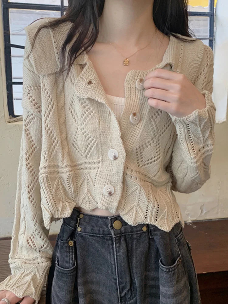 Knitted Cardigan Women's Wear Spring and Autumn Hollow Out Thin Sweater Coat 2021 New Pure Style Spice Girl Short |