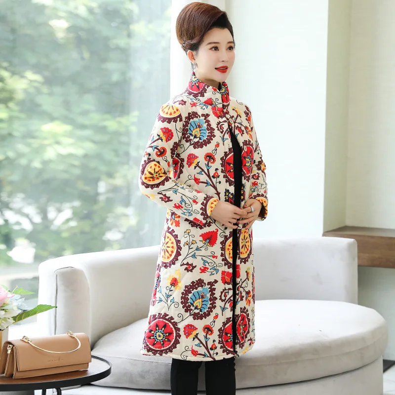 

2019 Winter New Style Ethnic-Style Cotton Linen Large Size Dress Printed Padded plus Velvet Warm Mid-length Cotton Overcoat