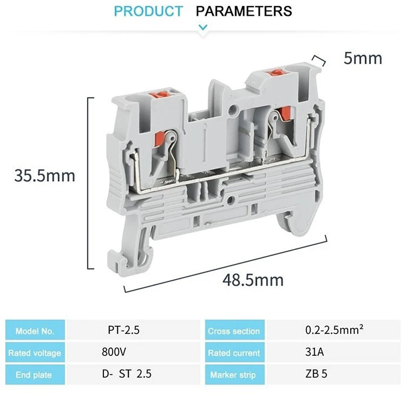 Din Rail Terminal Blocks PT-2.5  Push In Spring Screwless 10pcs Electrical Terminal Block Connector PT2.5 Wire Conductor