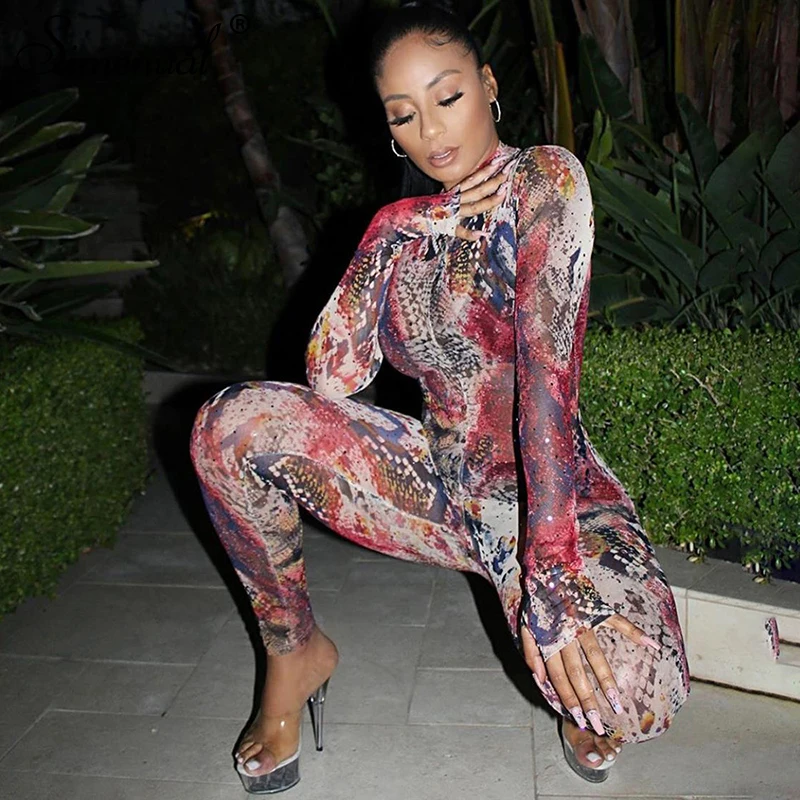 

Simenual Mesh Hot Sexy Transparent Rompers Womens Jumpsuit Fashion Printed Long Sleeve Skinny Party Clubwear Bodycon Jumpsuits