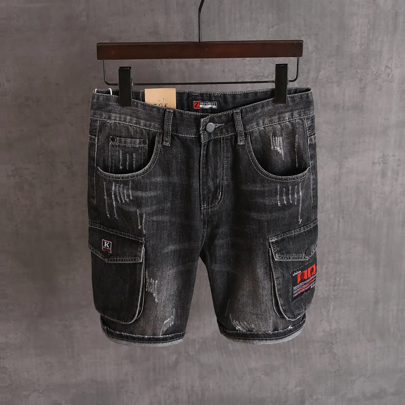 

2020 New Designer Fashion Men Jeans Shorts Black Loose Fit Big Pockets Cargo Denim Shorts Hombre Summer Hip Hop Short Jeans Men