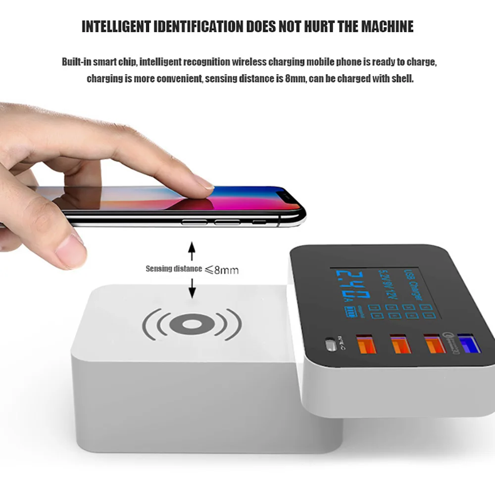 QI 3.0 Wireless Charger with Led Display Quick Charge Smart USB Type C Charger Station HUB Fast Charging Power Adapter Desktop