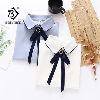 

2020 Spring New Women Solid Chiffon Long Sleeve White Shirt Turn-down Collar Bow Tie Blouse Autumn Casual Tops Feminina Blusa T0