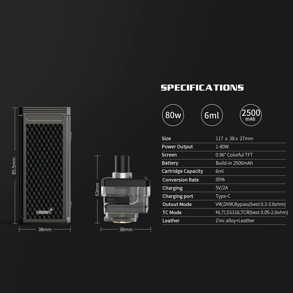 Original Smoant Pasito II 80W vape kit with 2500mAh battery 6ml Cartridge 510 Connector 0.96inch Screen Mod VS Smonat Pasito Kit (5)