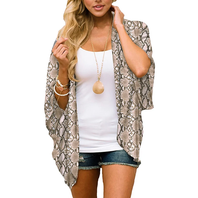 

Vintage Snake Print Chiffon Cardigans Casual Women Thin Half Sleeve Summer Tops Plus Size Open Stitch Long Shirts Blusas Female