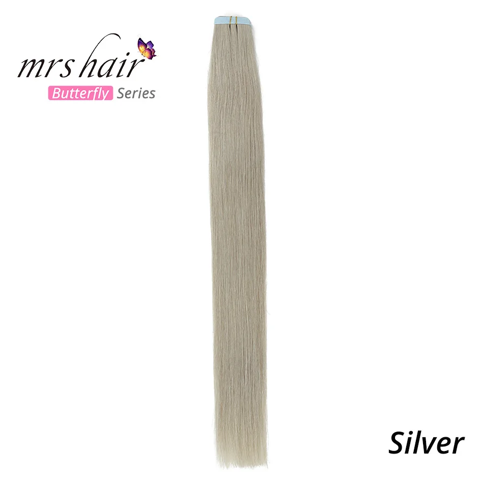 Серебристый MRSHAIR 6# кожи уток человеческих волос прямой 20 штук ленты в расширение номера Волосы remy двухсторонней ленты для волос 1" 18" 2" 22" 24" - Цвет: Серебристый