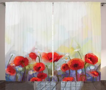 

Watercolor Flower Curtains Poppies in Spring Meadow with Wildflowers Color Painting Living Room Bedroom Window Drapes Scarlet