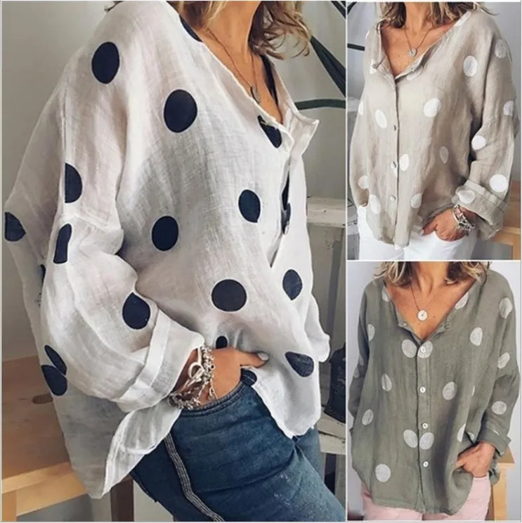 

Amazon summer in Europe and the hot style ladies fashion v-neck cardigan wave point printed long sleeve shirts
