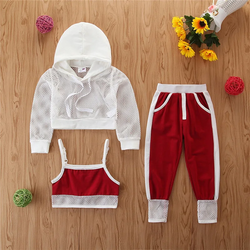 Girls Clothing Set Kids Clothing Set 3Pcs Fashion Baby Girl Clothes Summer Hollow Coat + Suspenders + SweatPants Outfits