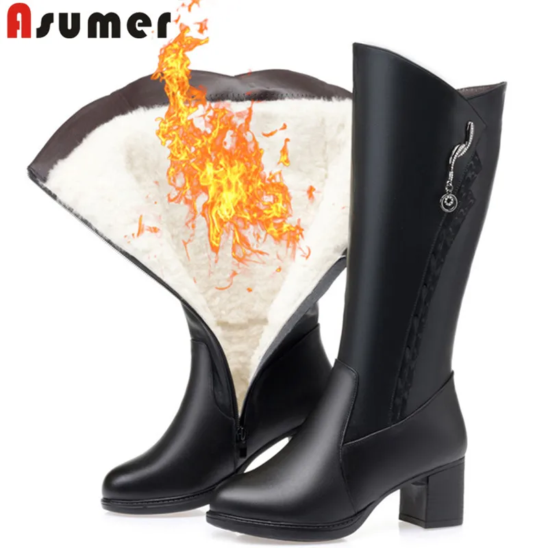 ASUMER/ г. Новое поступление, сапоги до колена женские зимние шерстяные сапоги из натуральной кожи и искусственной кожи женские вечерние сапоги на высоком каблуке, на молнии, со стразами