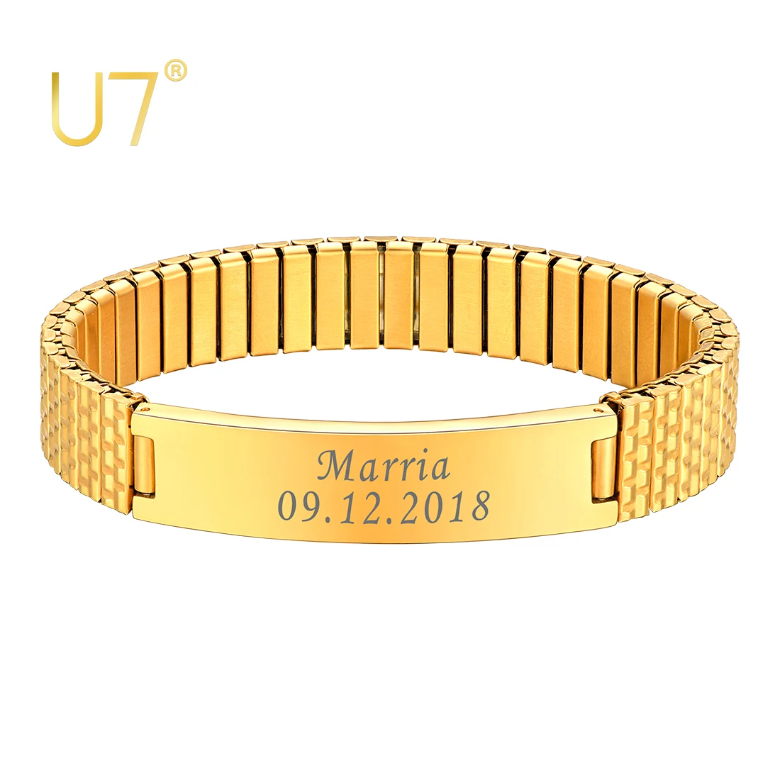 U7 Cool Wide Bracelet for Men 12MM  Stainless Steel Gold Color Wrist Link  Engraved Bangle fit  160-210mm