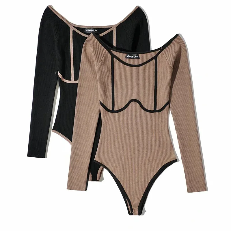 Sexy Round Color Contrast Color Knitted Bodysuits Women Slim Long Sleeve Jumpsuit 2020 Autumn New Ladies One-pieces Jumpsuits Sexy Round Color Contrast Color Knitted Bodysuits Women Slim Long Sleeve Jumpsuit 2020 Autumn New Ladies One-pieces Jumpsuits