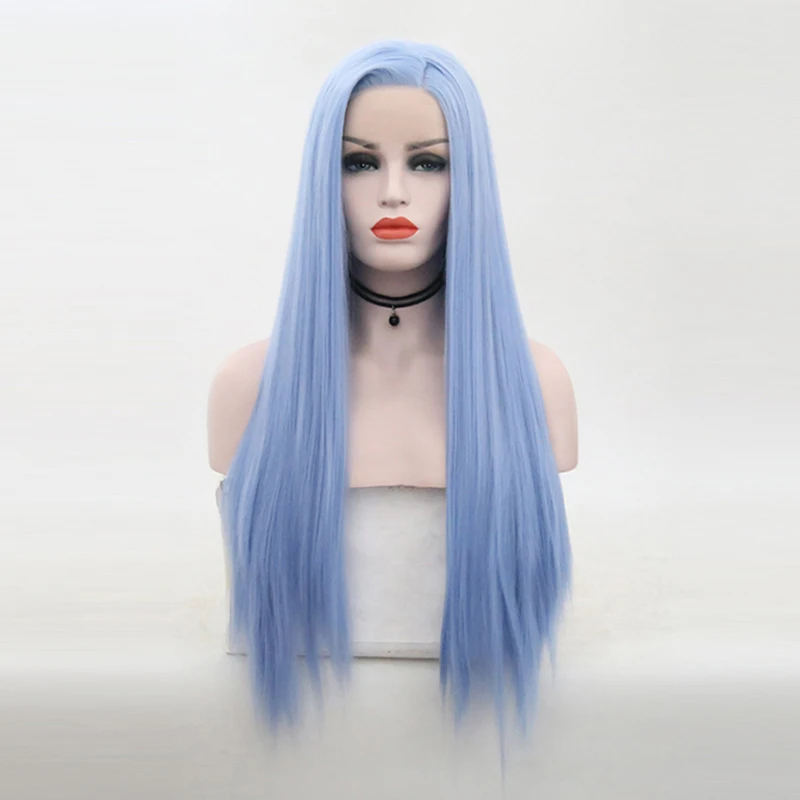 

RONGDUOYI Long Straight Blue Synthetic Lace Front Wigs for Women with Side Part Half Hand Tied Replacement Wig Blue Lace Front