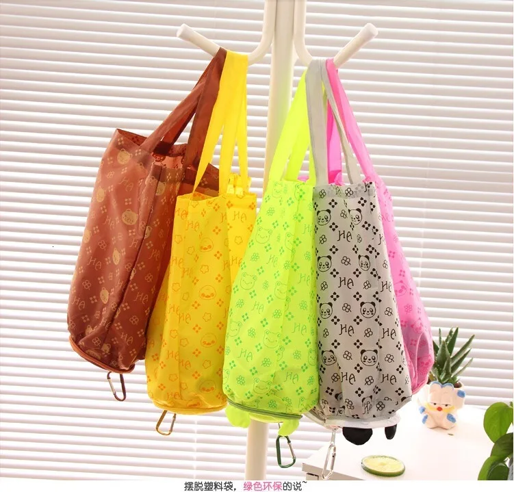 Cartoon Zipper Foldable Shopping Bag Lovely Environmental Protection Bag Portable Waterproof Bring A Hook Accept
