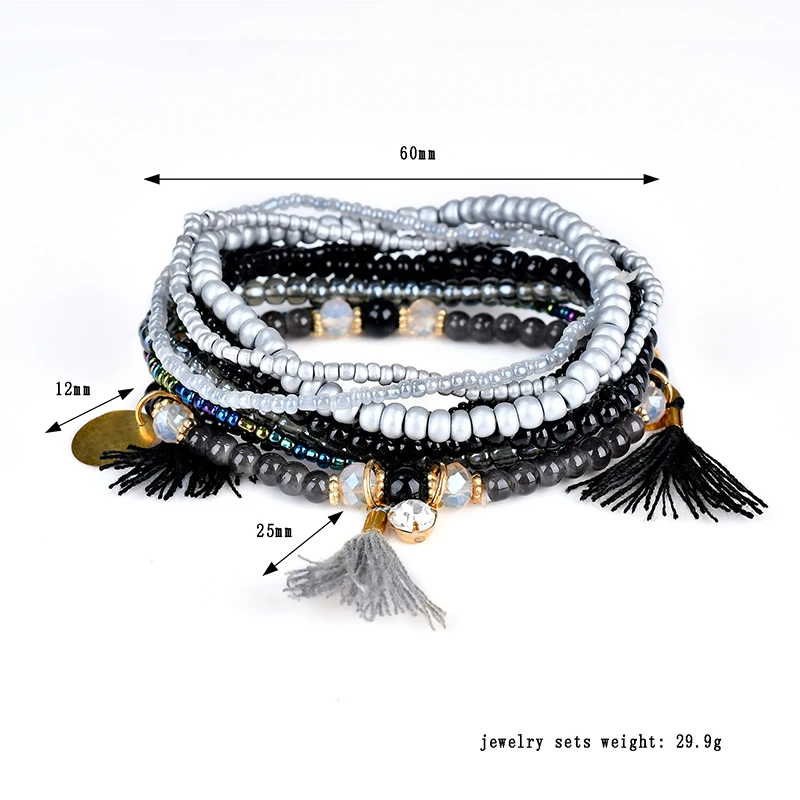 Ethnic Bohemian Tassel Beach Charm Bracelets For Women Boho Multilayer Beads Crystal Beaded Jewellery Bracelet Set Femme 2019