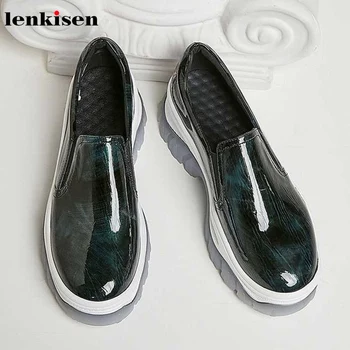 

Lenkisen new genuine leather simple style casual loafers round toe high heels thick bottom slip on women svulcanized shoes L1f9