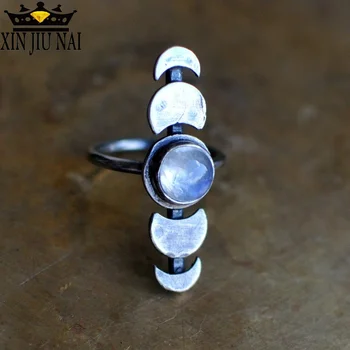 

New Fashion Thai silver Jewelry Simple Retro Round Moonstone Ring Small Fresh Moon change gap Full Food stainless steel Ring