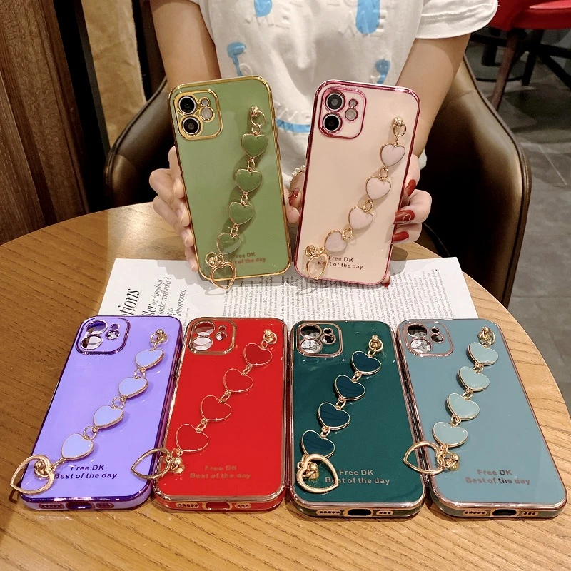 Luxury 6D Electroplate Love Heart Wrist Bracelet Case For OPPO Find X2 X3 Lite Pro Neo Case Female Fashion Cover Funda