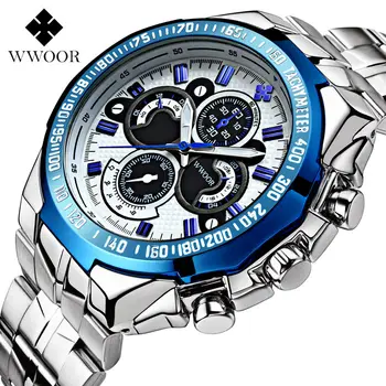 

WWOOR Top Brand Luxury Man Watch Stainless Steel Waterproof Quartz Sport Military Wrist Watch Men Clock Gift relojes hombre 2020