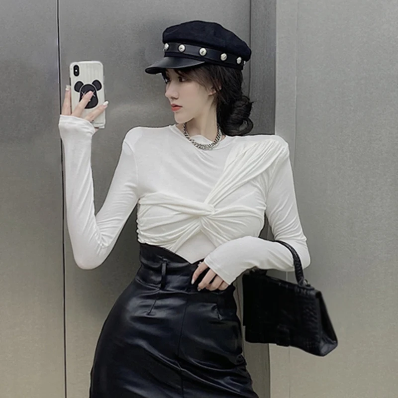 GALCAUR Korean T Shirt For Women O Neck Long Sleeve Cross Ruched Slim Knitting Oversized T Shirts Female 2020 New Autumn Clothes