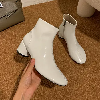 

2020 Autumn Winter Newest Round Toe Ladies Boots Genuine Leather Concise High Heels Shoes Working Party Shoes Woman Heels