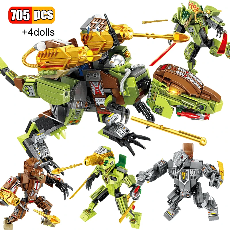 705Pcs Jurassic 4 IN 2 Mechanical Pterodactyl Tyrannosaurus Model Building Blocks Dinosaur World Park Figures Bricks Toy For Kid | Игрушки и