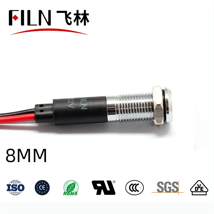 FILN 8mm 12V 24V 110V 220V Metall-LED-Pilotleuchte für Armaturenbrett, Signal- und Warnleuchte, 20cm Kabel, Chrom-Finish, für Auto, Boot, Marine – Detail 5