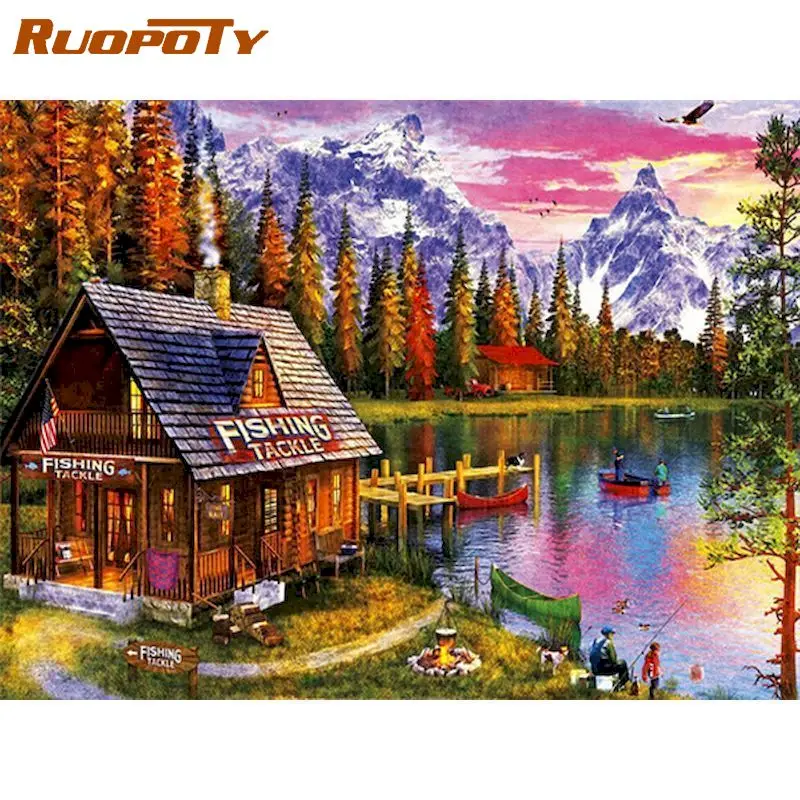 

RUOPOTY Frame Diy Painting By Numbers Lake House Paint By Number Landscape Handpainted Gift Frame Artwork Wall Decor