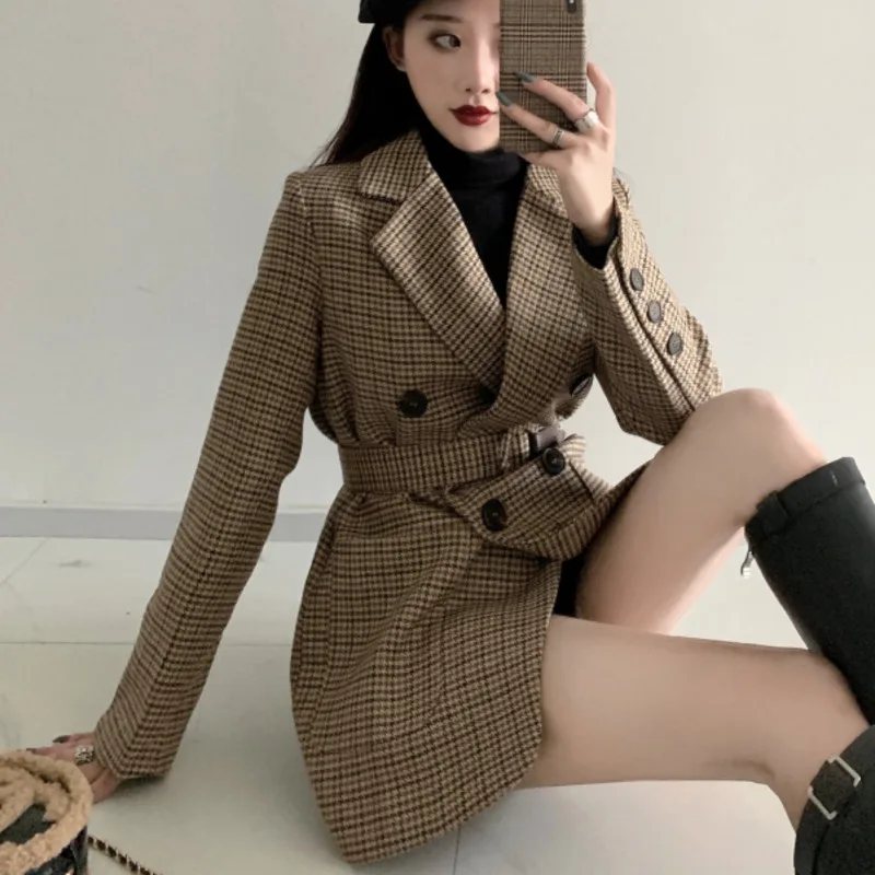 New Korean OL Plaid Work Woolen Blazer Jacket Women Casual Double-breasted Sashes Suit Coat Female Slim Vintage Blazer Outwear