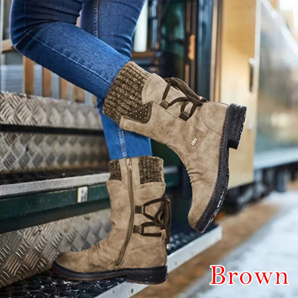 MoneRffiWomen's Mid Calf Boots Winter Woman Warm Zip Snow Boots Female PU Leather Solid Sewing Platform Shoes Women Causal Boots - Цвет: brown