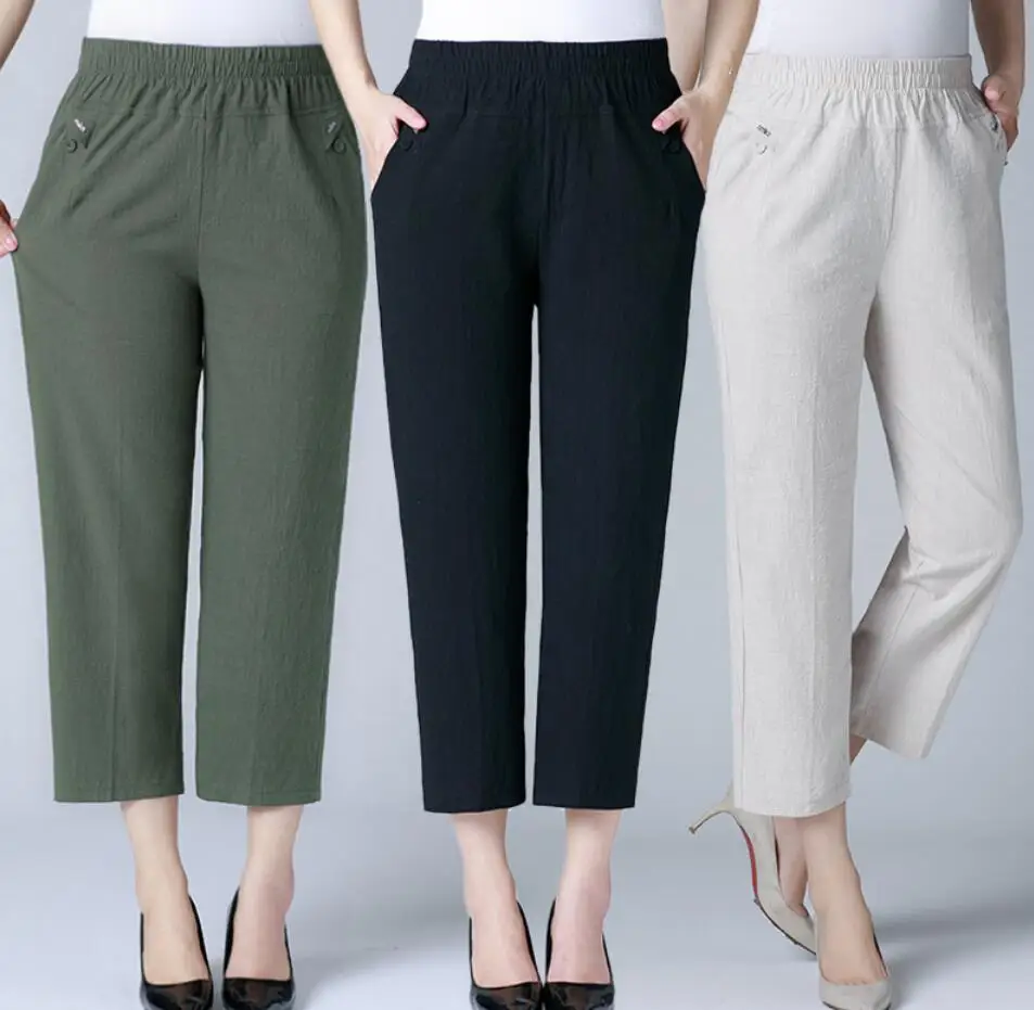 

Летние хлопковые брюки для женщин среднего и старшего возраста 2021 весна-лето повседневные свободные прямые брюки с эластичным поясом приблизительно 5XL s893