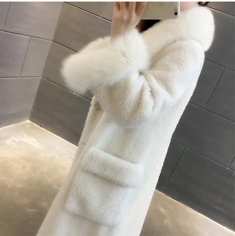 Женское пальто из натурального меха, корейский стиль, Осень-зима, женская одежда, Воротник из лисьего меха, стрижка овец, шерсть, куртки SY9113 YY1716