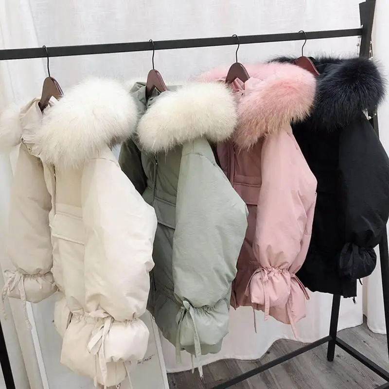 

Women Winter White Duck Down Warm Jackets Real Fox Fur Collar Hooded Coats Sweet Flare Sleeve Thickening Parkas