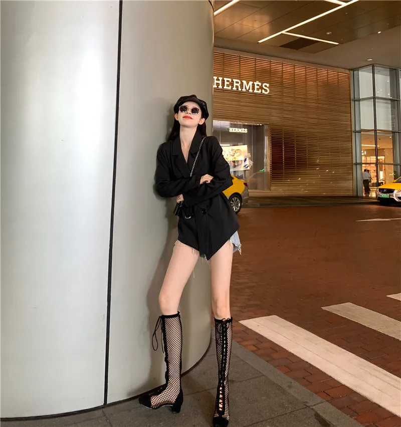 

Photo Shoot 2019 WOMEN'S Dress Autumn Versatile Waist Hugging Cool Casual Bandage Cloth Mid-length Double Breasted Suit Coat