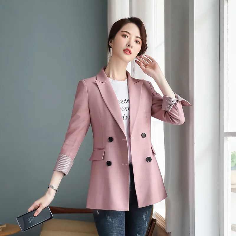 

Casual temperament ladies blazer 2019 new pink plaid long-sleeved women's jacket loose large size Office suit Women's suit