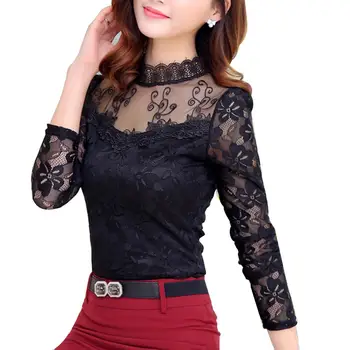 

Fashion Women Solid Color Floral Lace Top Perspective Long Sleeve Slim Blouse