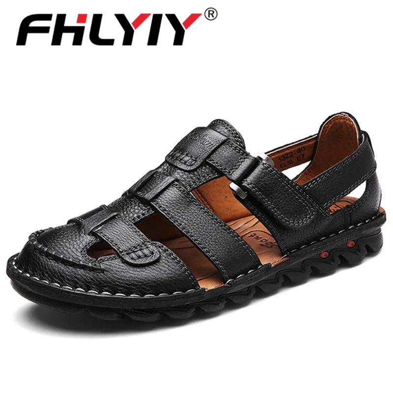Najtaniej Fhlyiy klasyczne wysokiej jakości krowa skórzane sandały na zewnątrz ręcznie robione męskie sandały moda wygodne mężczyźni plaża skórzane buty