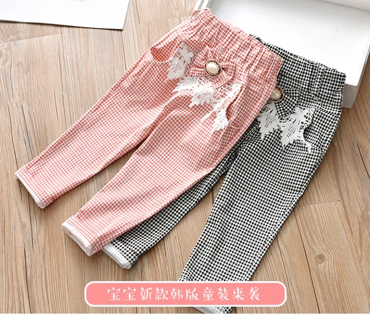 Детские брюки осенняя одежда для девочек г. Новые стильные клетчатые брюки в Корейском стиле с поясом универсальная эластичная хлопковая одежда