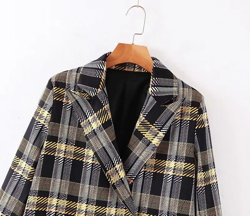 Vintage Plaid Oversize Coat Ladies Long Blazer Jacket Double Breasted Coat Lady Office Suit Jacket