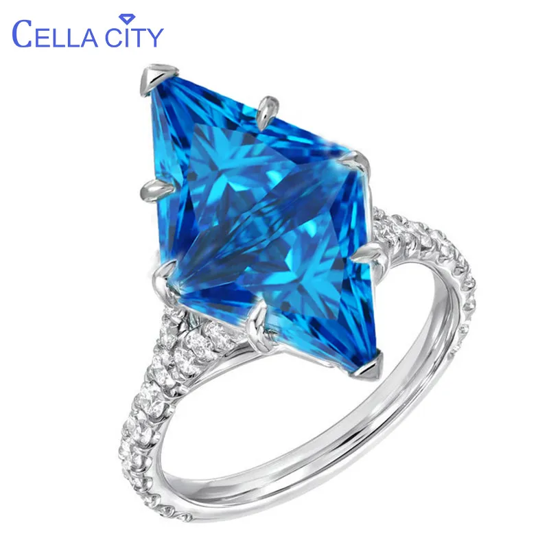 Cellacity Geometry Silver Ring for Women S925 Fine Jewelry Rhombus Gemstones Aquamarine Zircon Exaggerated Design Engagement Cellacity Geometry Silver Ring for Women S925 Fine Jewelry Rhombus Gemstones Aquamarine Zircon Exaggerated Design Engagement