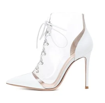 

Hot Selling Style Women PVC Transparent White Pointed Toe Ankle Boots Fashion Patchwork Lace Up Summer High Thin Heels