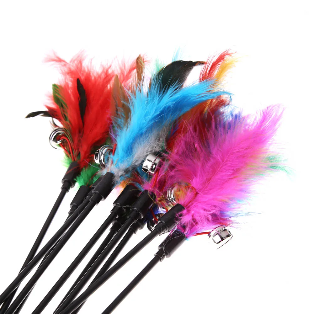 5pcs Hot Sale Cat Toys Random Color Funny Kitten Cat Teaser Interactive Toy Rod with Bell and Feather Toys For Pet Cats Stick