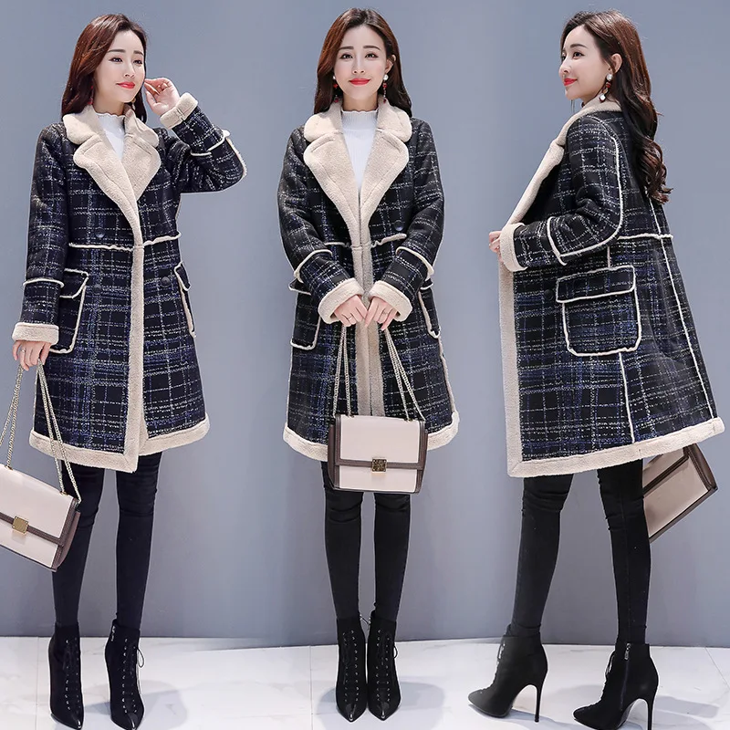 

Lambs Wool Coat Women's Mid-length 2019 Winter New Style Korean-style Brushed And Thick Plaid Suede Cotton-padded Clothes