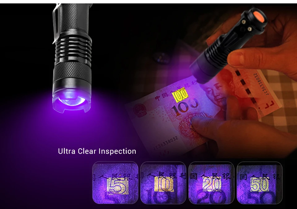 Светодиодный УФ-фонарик, перезаряжаемый УФ-фонарь, масштабируемый ультрафиолетовый фонарик, вспышка, детектор пятен мочи для домашних животных от аккумулятора AA/14500