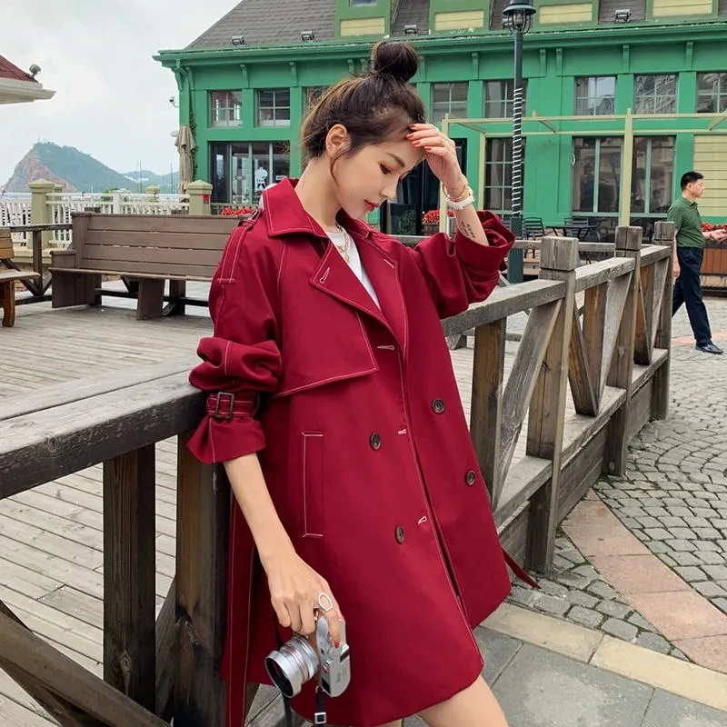 

Vintage Red Double Breasted Short Trench Coat With Sashes Spring Autumn Korean Female Elegant Turndown Collar Casual Windbreaker