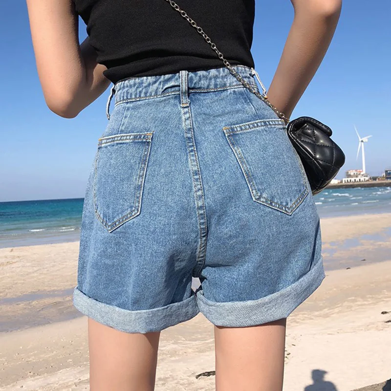 Женские джинсовые шорты Классические винтажные с высокой талией синие широкие женские повседневные летние женские шорты джинсы