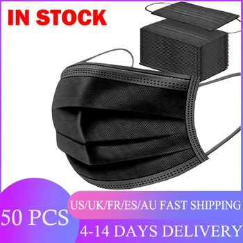 

50pcs Disposable Face Mask 3 Layers Protection Non Woven Anti Dust Face Mouth Masks Breathable Black Adult Earhook Mask